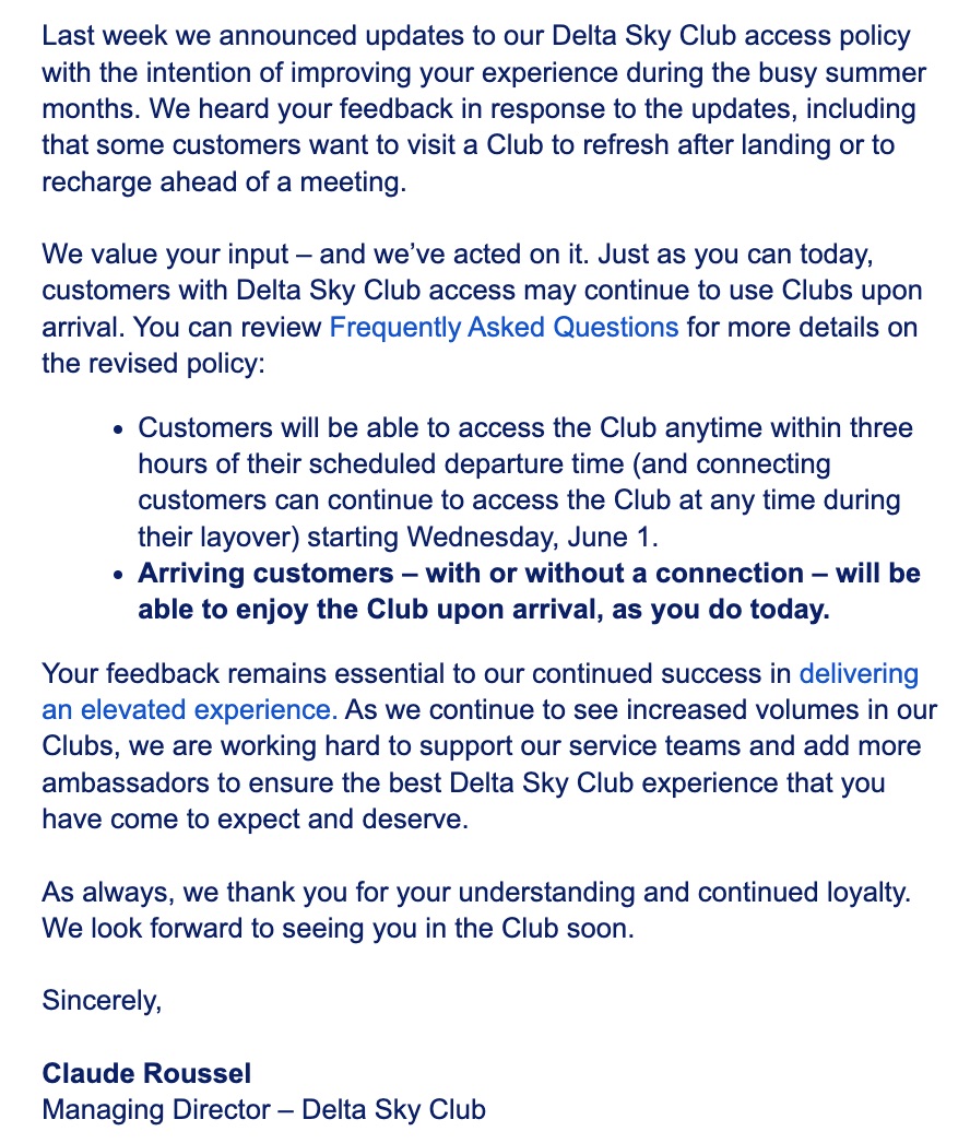 delta sky club access upon arrival letter