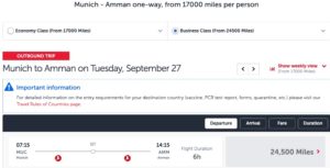 Munich to Amman using Turkish miles