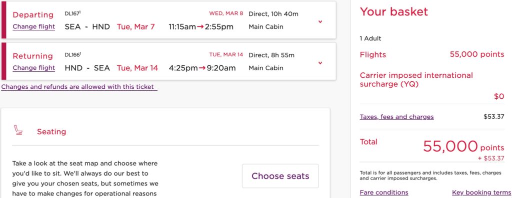 Seattle to Tokyo on Delta using Virgin miles