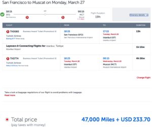 san francisco to muscat using turkish miles