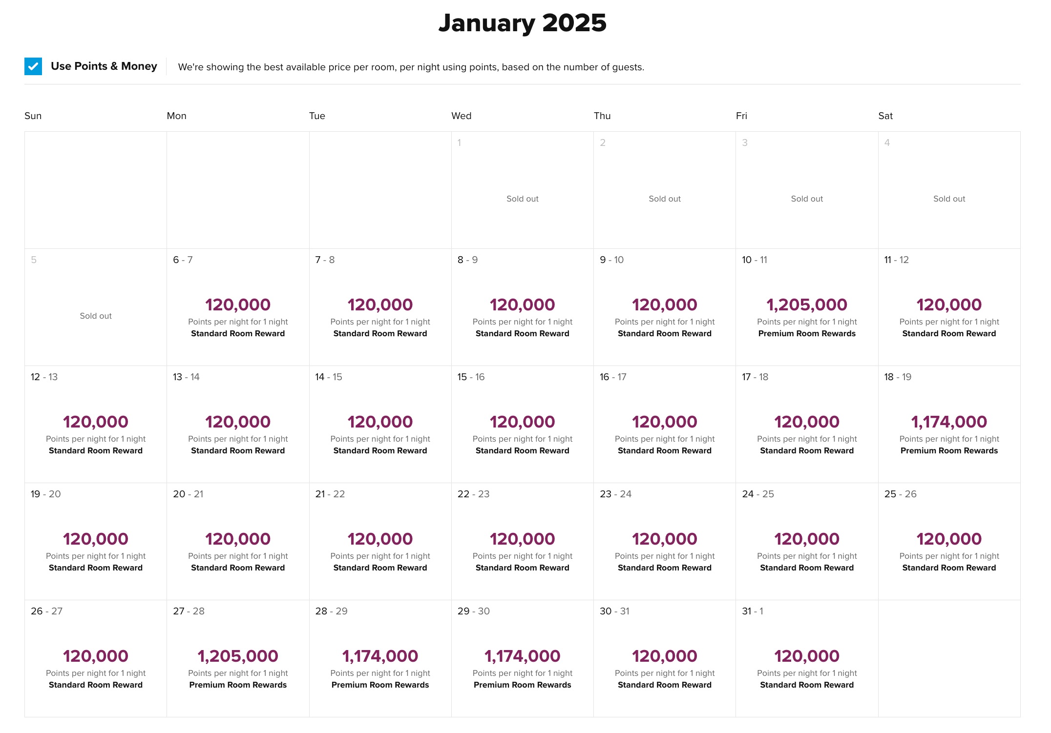 a calendar showing points rates for a Hilton property
