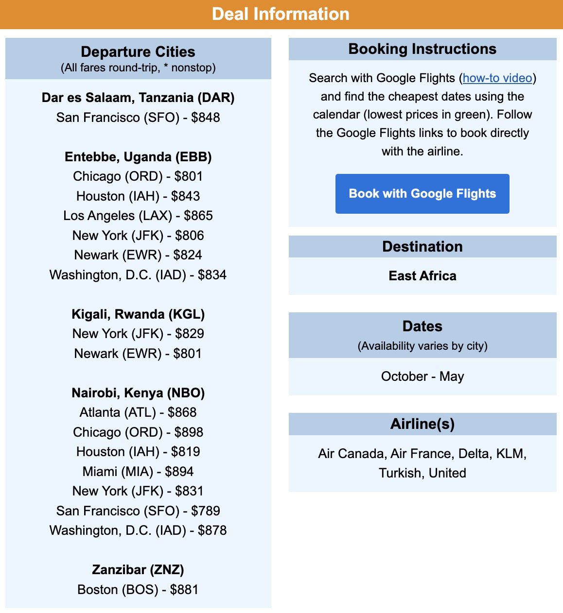 East Africa flight deal info