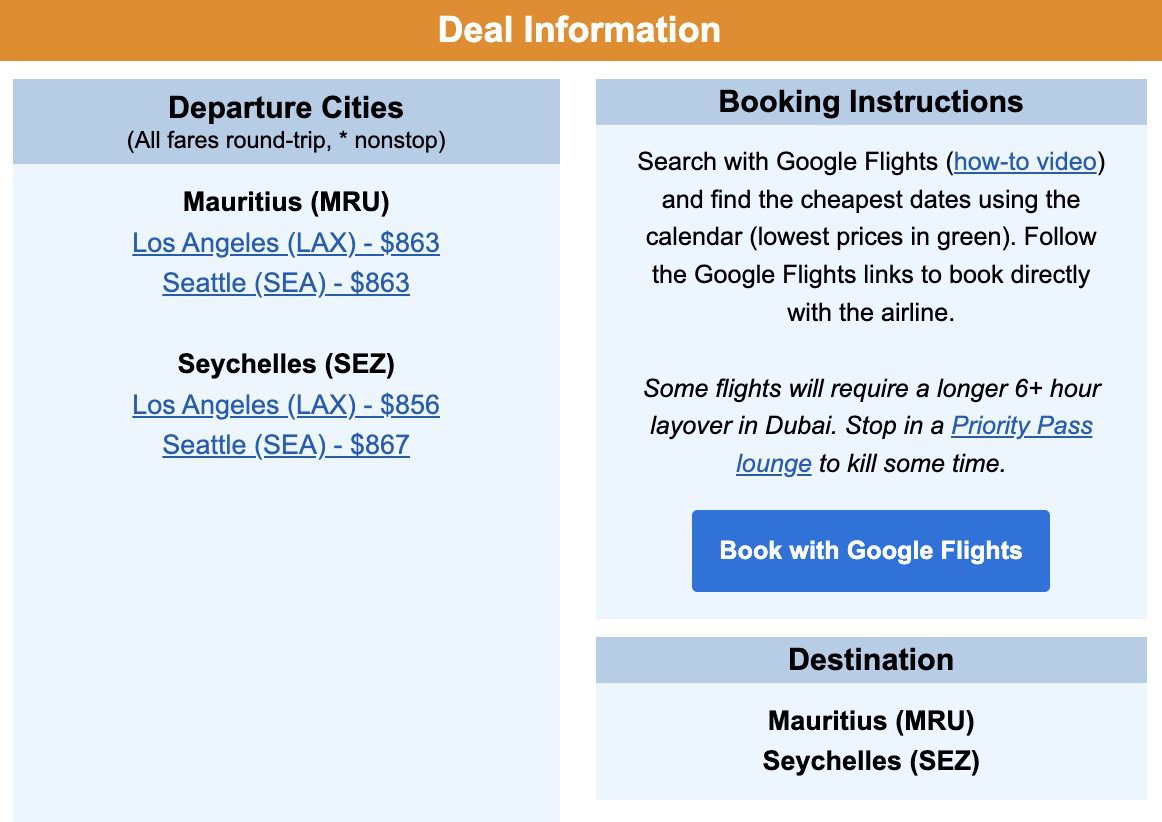 Mauritius and Seychelles flight deal info