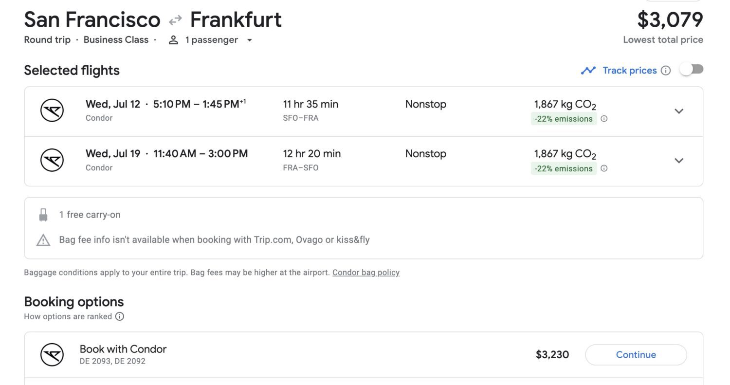 San Francisco to Frankfurt Condor Business Class
