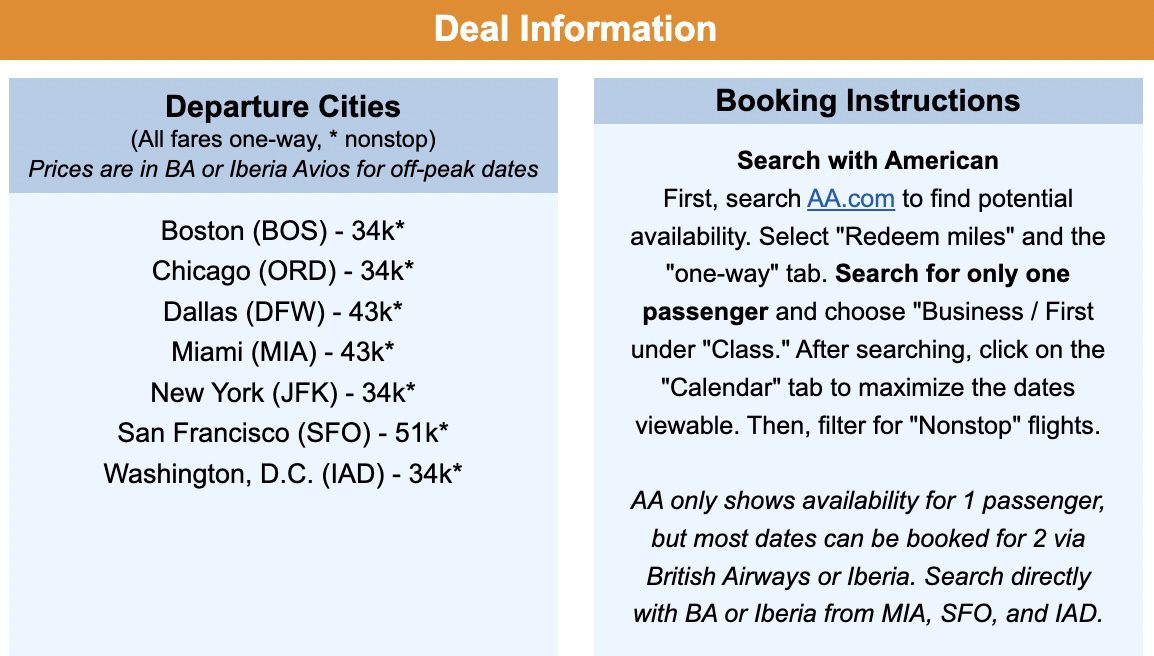 Iberia business class flight deal information