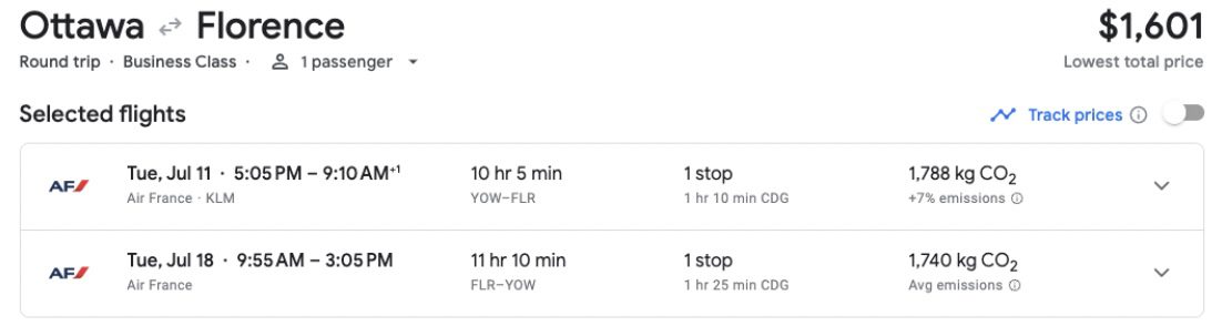 Ottawa to Florence business class