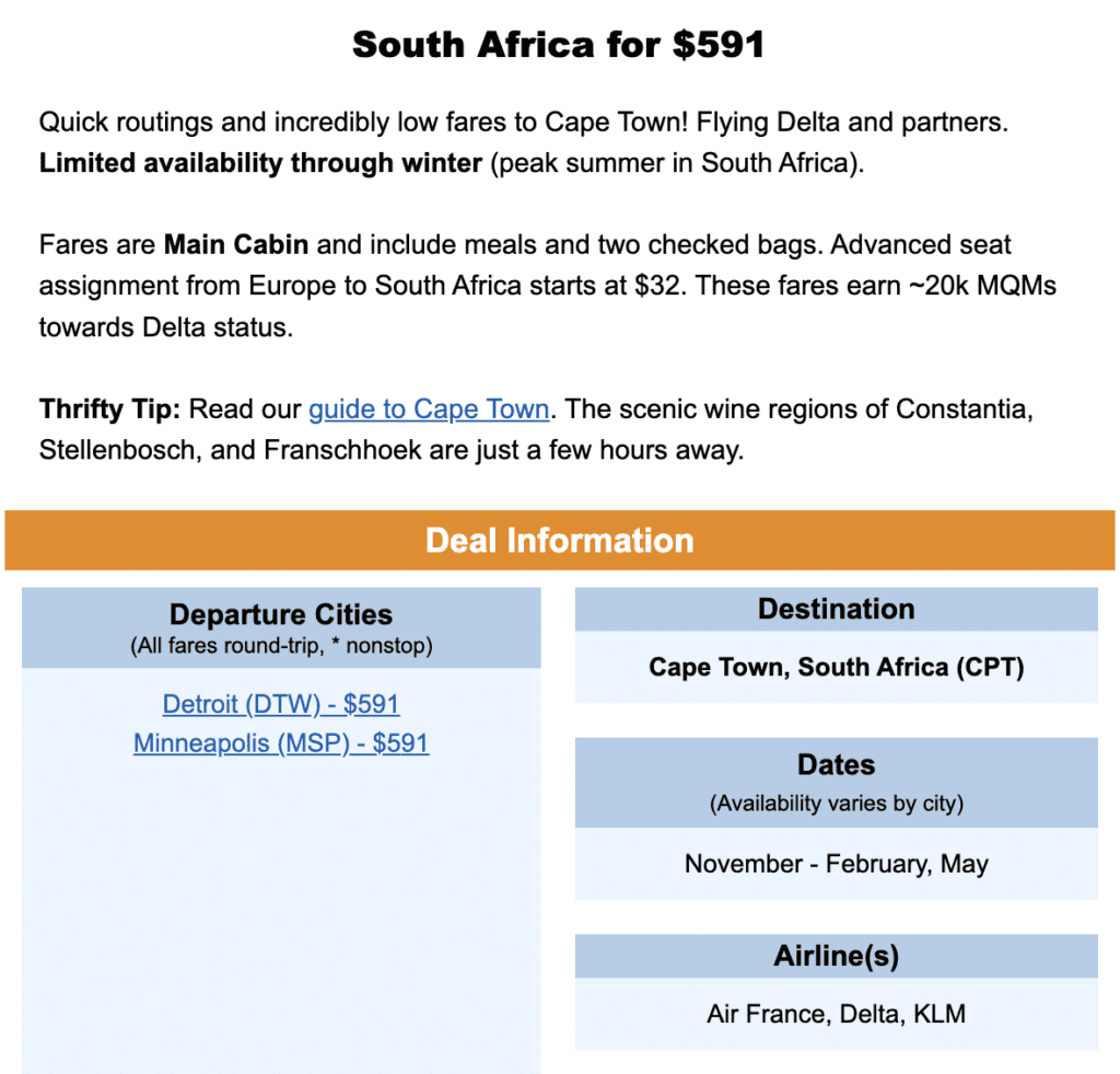 premium deal to cape town