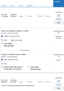 denver to zurich using united miles
