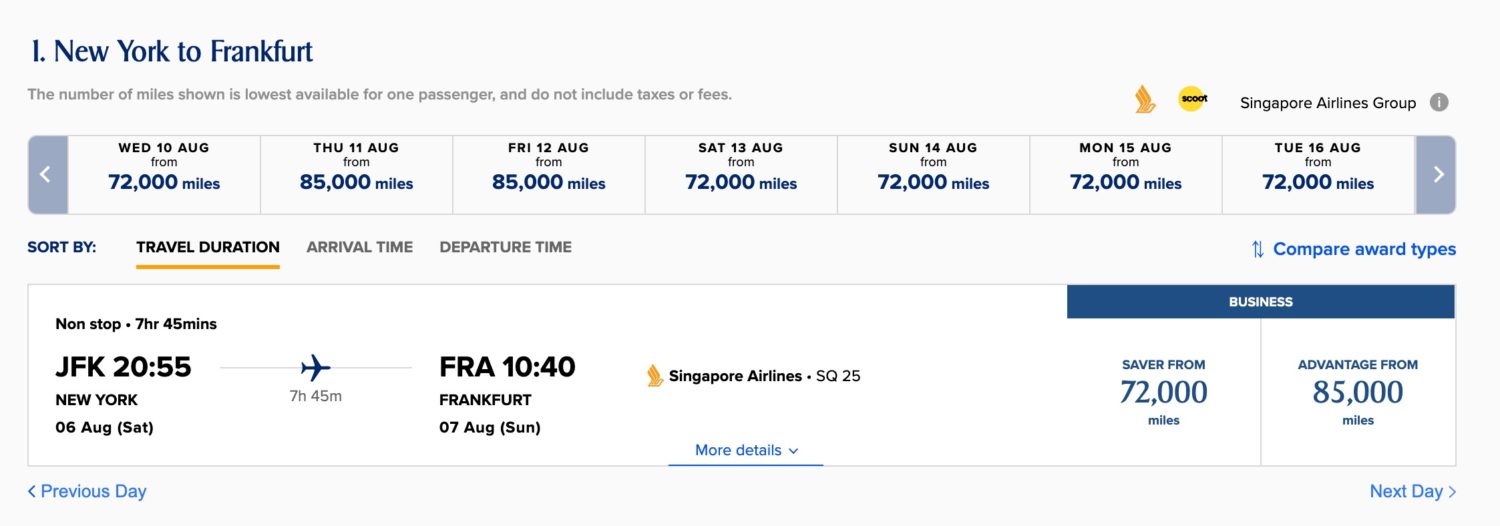 singapore business class award availability