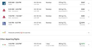 Google Flights screenshot of flights from Los Angles to Cancun, Mexico