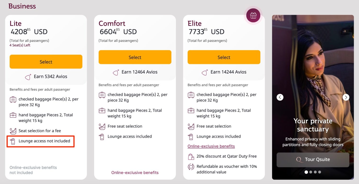 three types of qatar airlines business class fares with one that bans lounge access