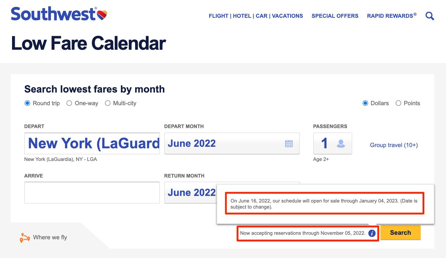 southwest fare calendar