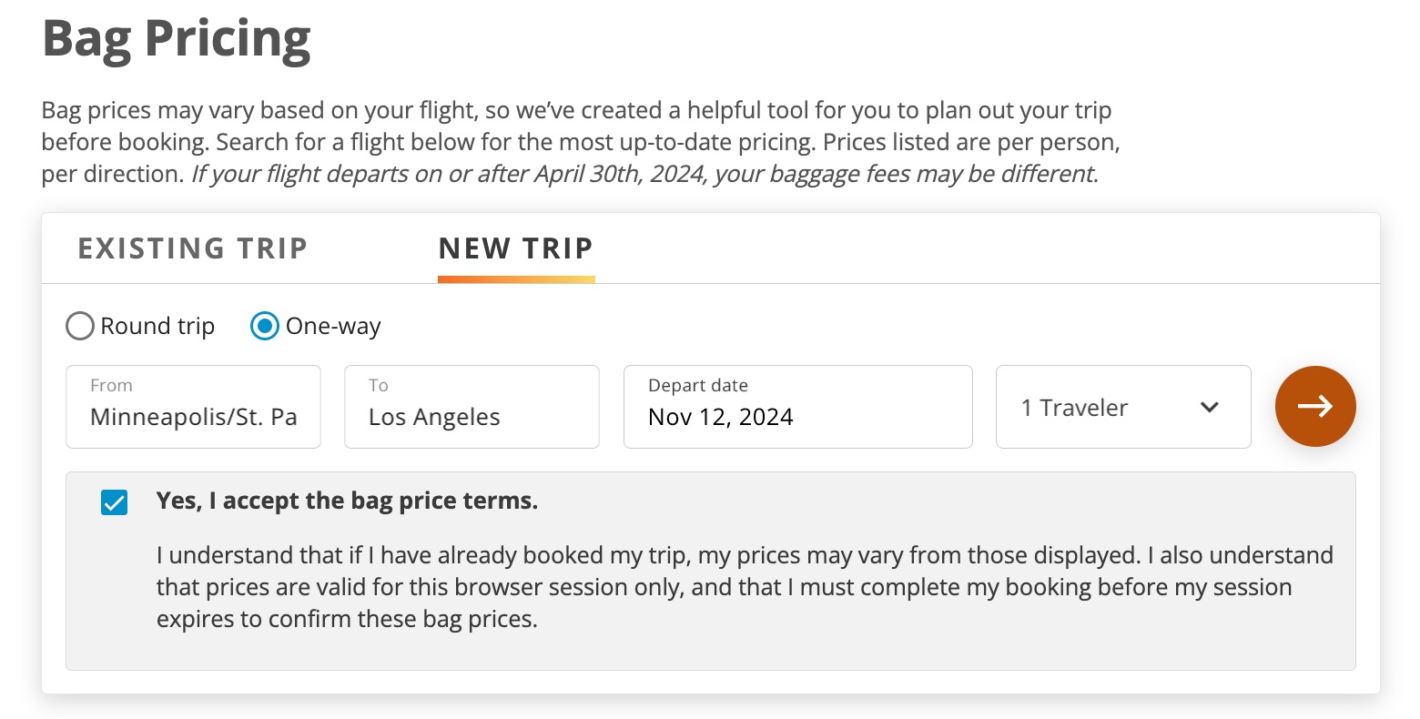 Baggage price calculator for a one-way Minneapolis to Los Angeles flight