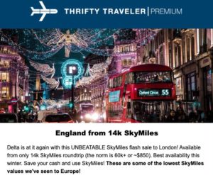 thrifty traveler premium deal from 14,000 Delta skymiles to london