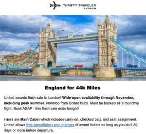 thrifty traveler premium deal united miles to london