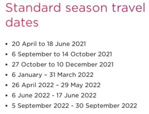 Virgin Atlantic standard season travel dates