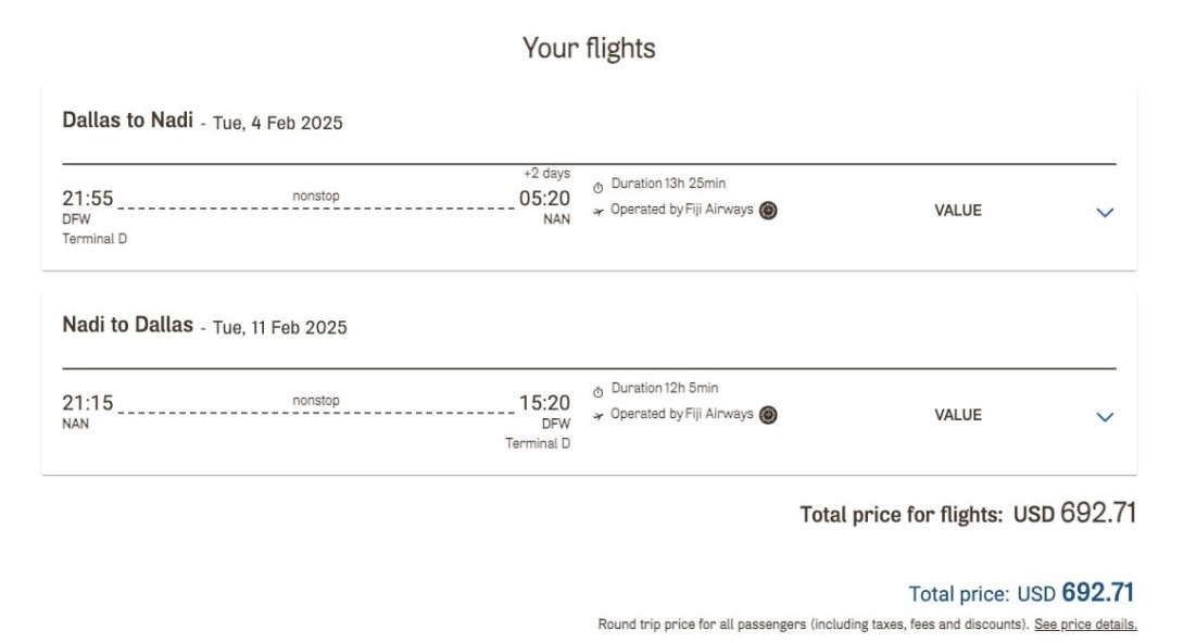 Fiji Airways airfare for $692 roundtrip