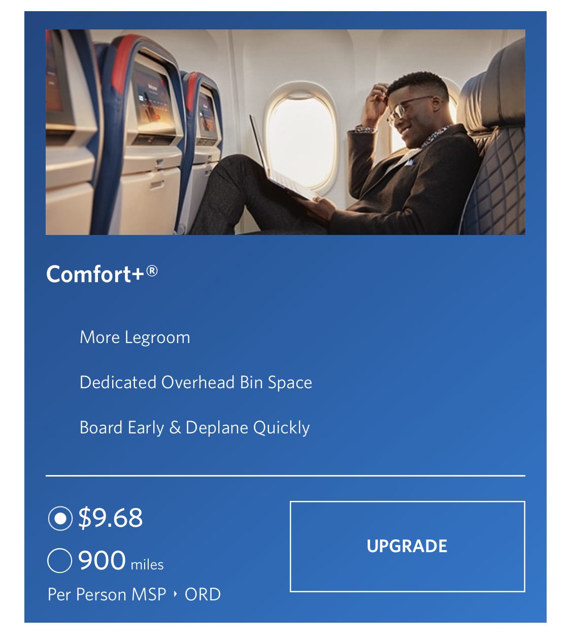 A comfort plus upgrade offer in the Delta app for $9 on a flight from Minneapolis to Chicago
