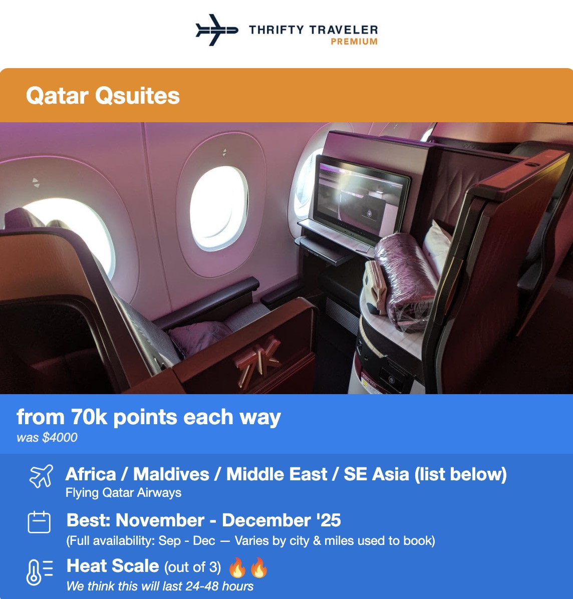 Qatar QSuites in a flight deal alert for 70,000 points each way. 