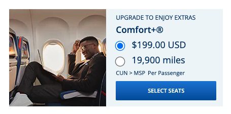 A comfort plus upgrade offer on Delta's website for a flight to Cancun of $199