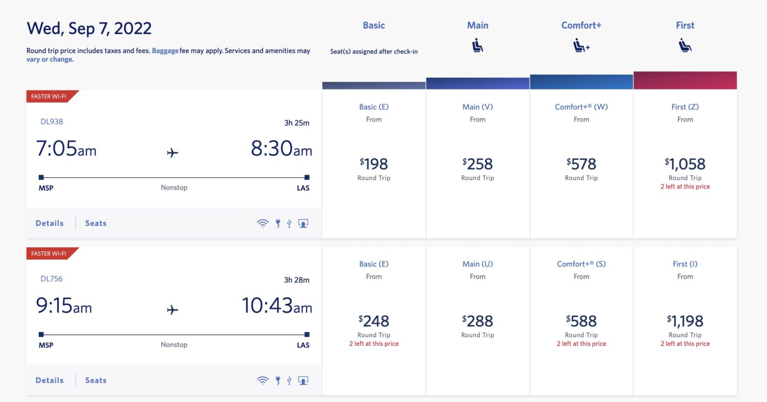 A screenshot of airfare options between Minneapolis and Las Vegas on Delta's website