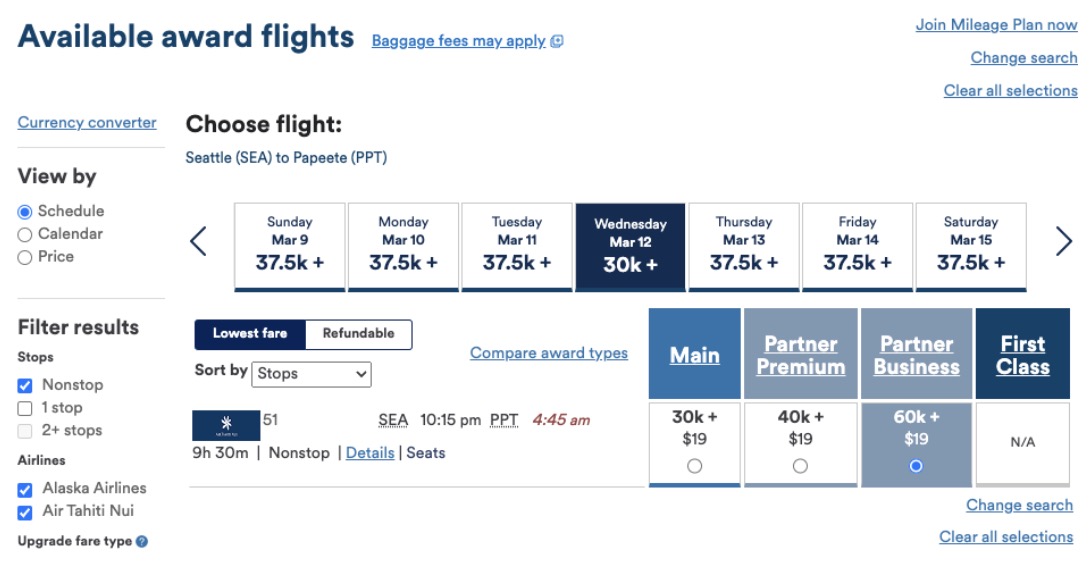 Air Tahiti Nui business class airfare. 