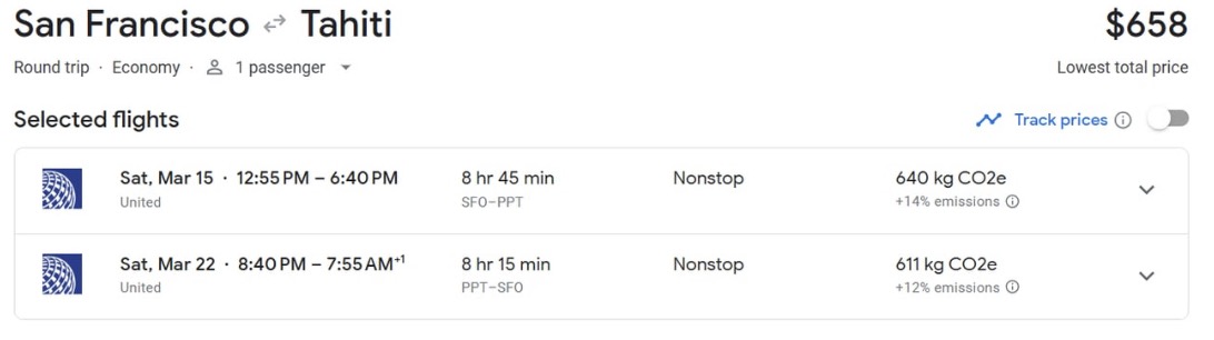San Francisco to Tahiti airfare for $658 roundtrip on United Airlines. 
