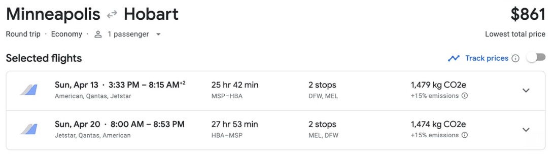 Minneapolis to Hobart, Tasmania airfare for $860 roundtrip. 