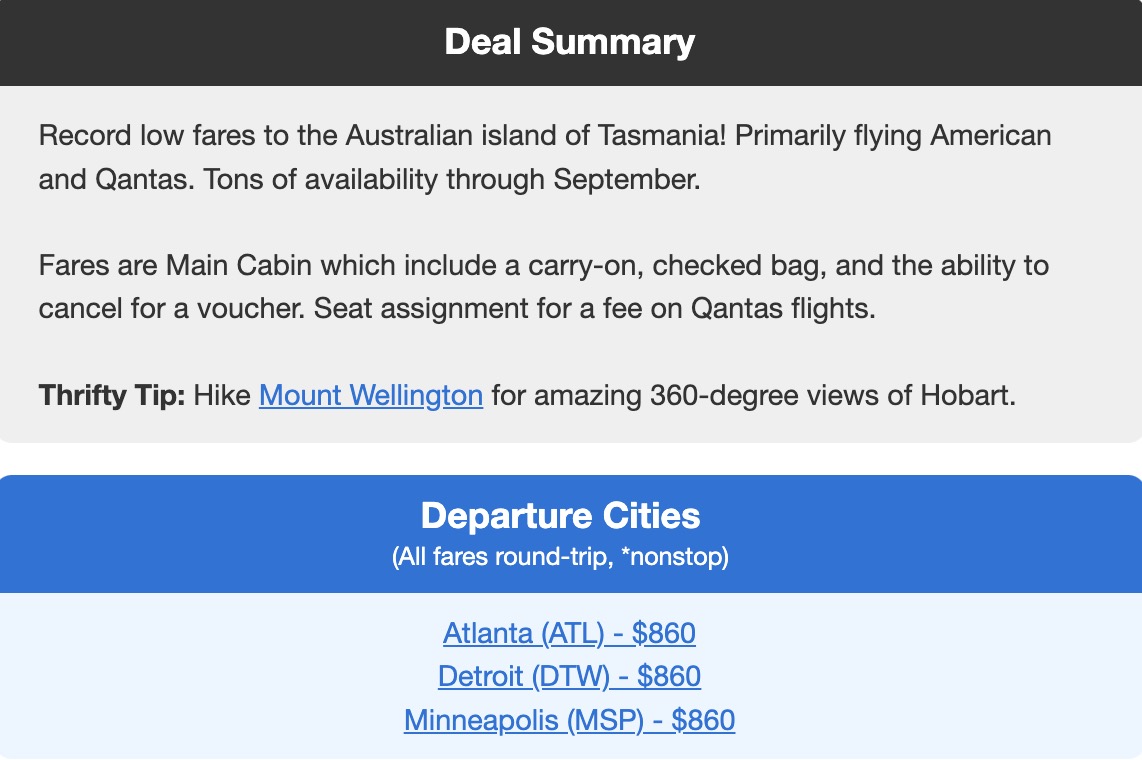 Tasmania flight deal including airfare from Atlanta, Detroit and Minneapolis