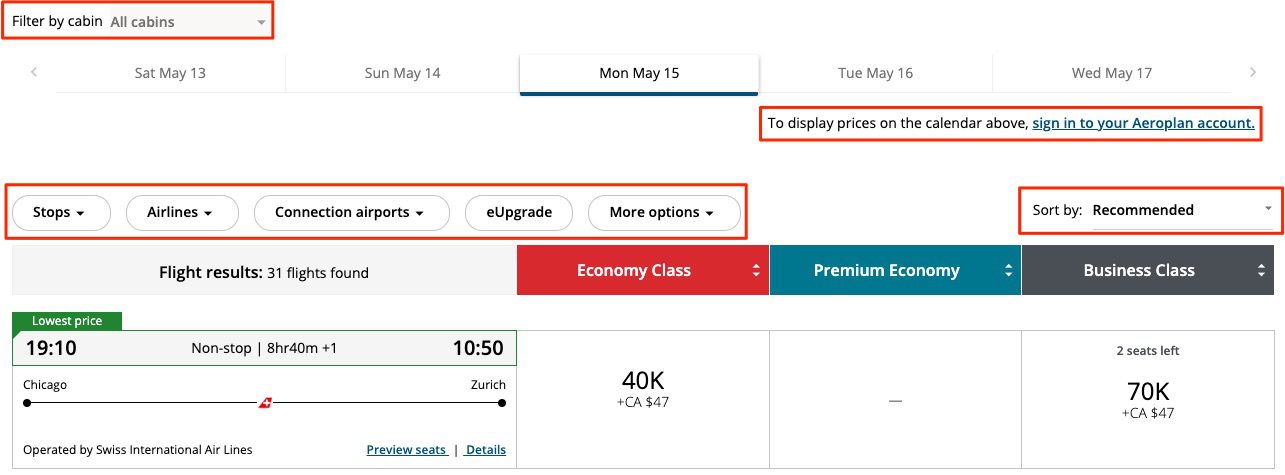 air canada aeroplan award search for flights from chicago to zurich on swiss international air lines for monday, may 15 