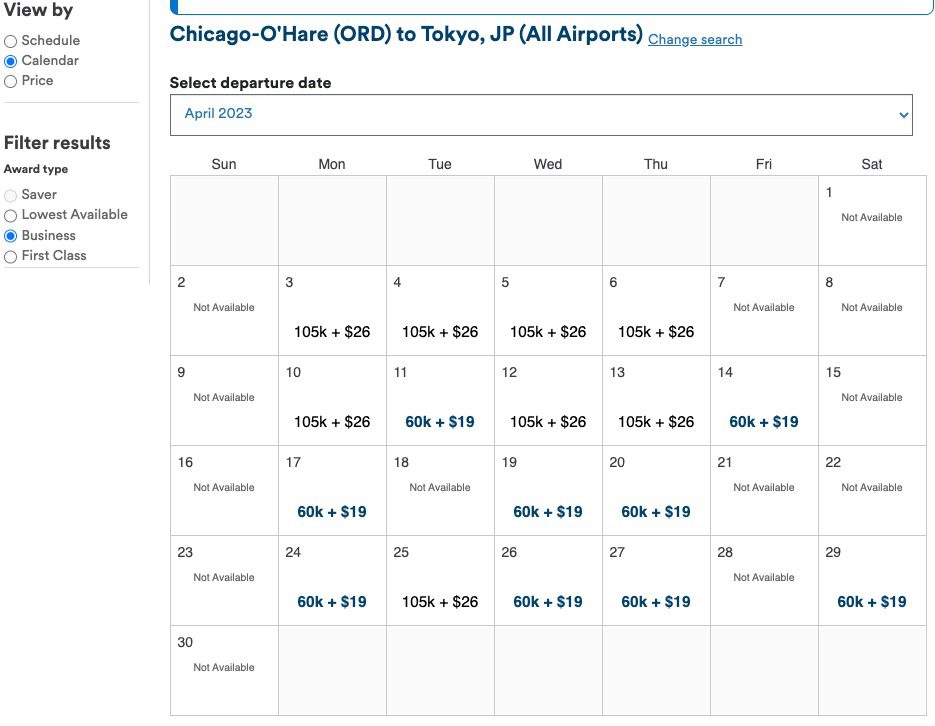alaska airlines award calendar search for business class flights from Chicago to Tokyo