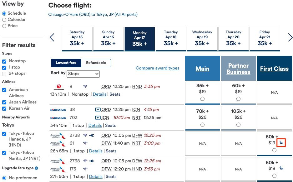 alaska airlines award search mixed cabin flights on monday, april 17th 