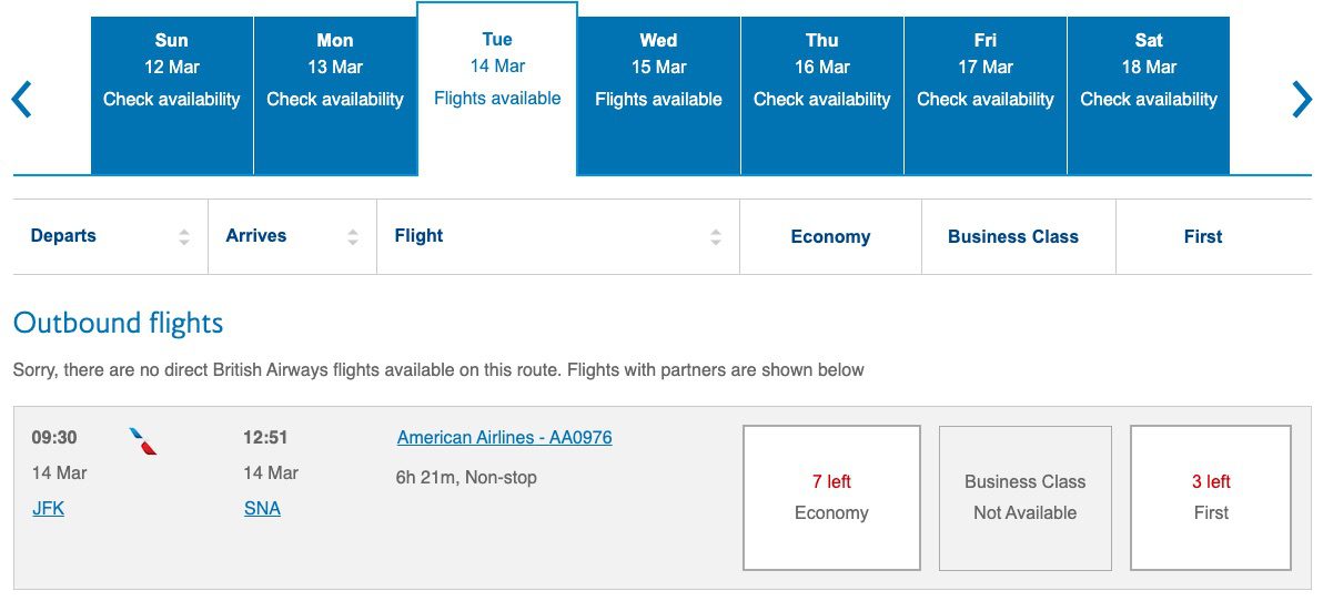 british airways award search one week view 