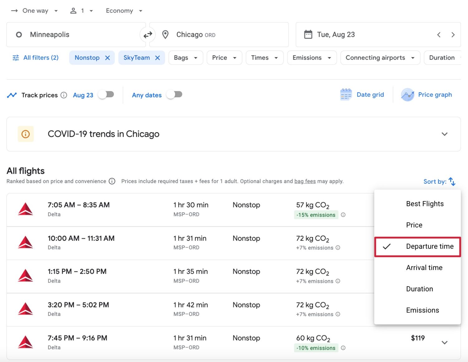 google flights departure time