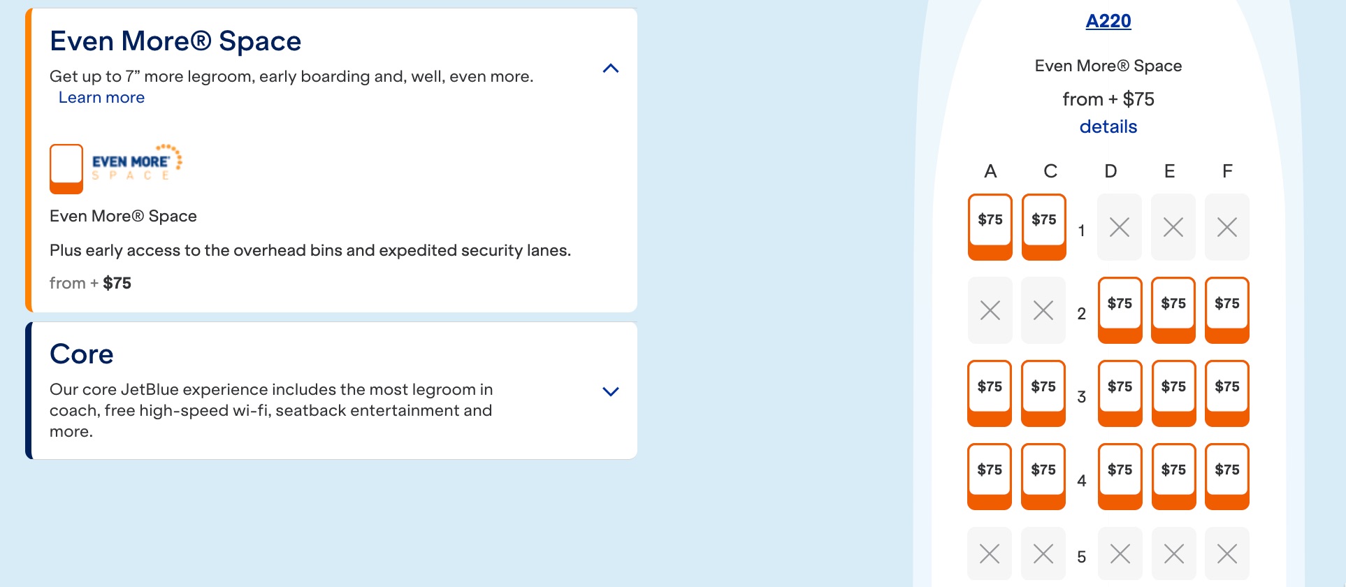 seat selection map with JetBlue
