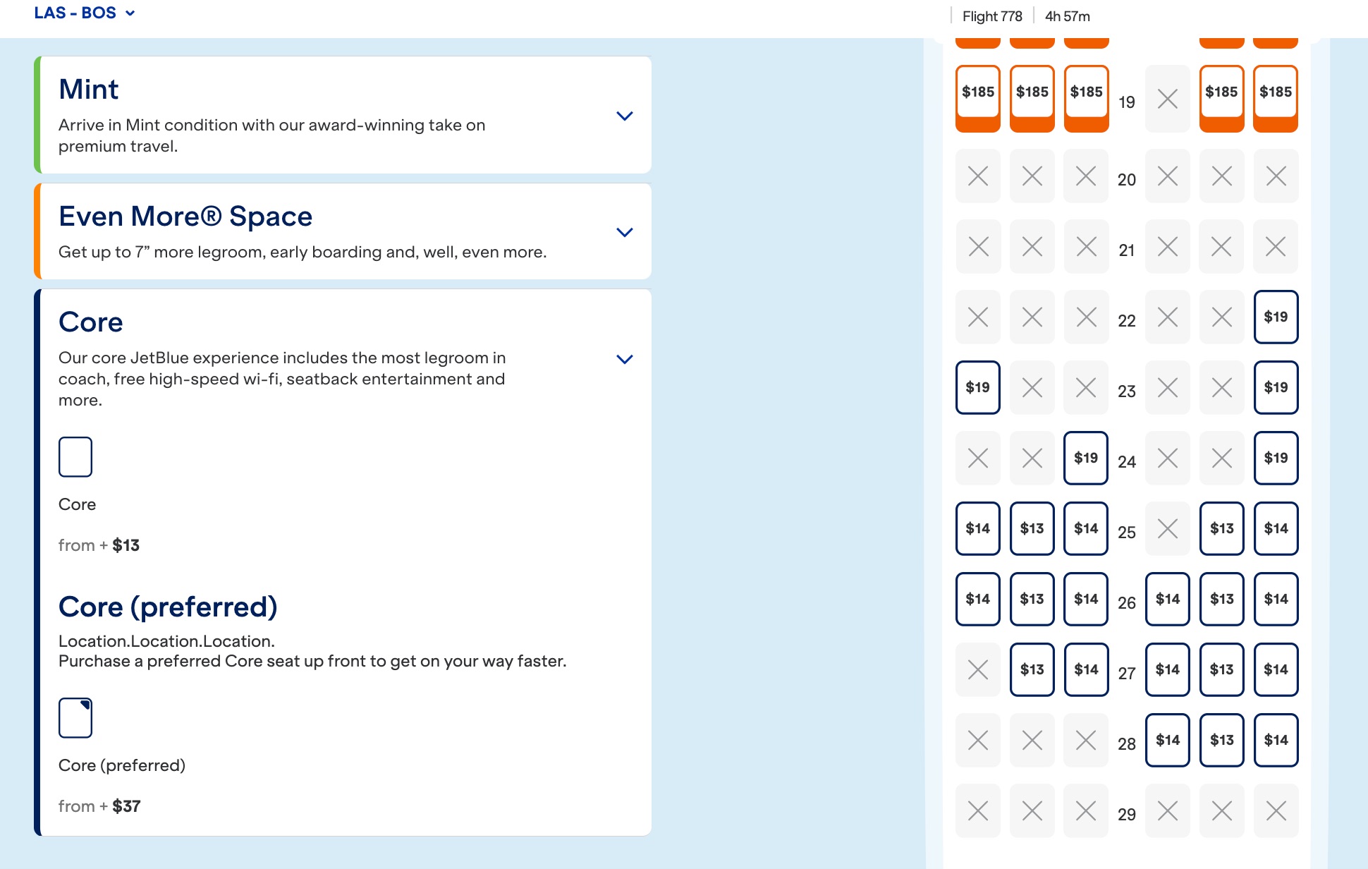 a seat map with prices on jetblue