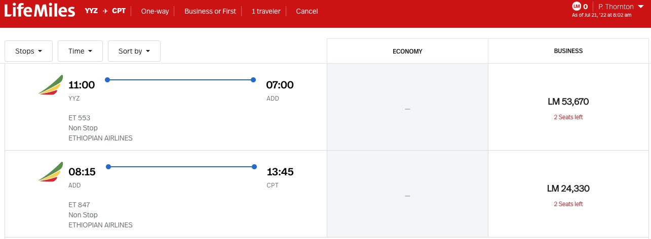toronto to cape town on ethiopian airlines using lifemiles
