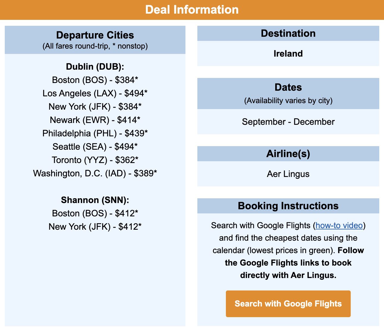Ireland nonstop flights