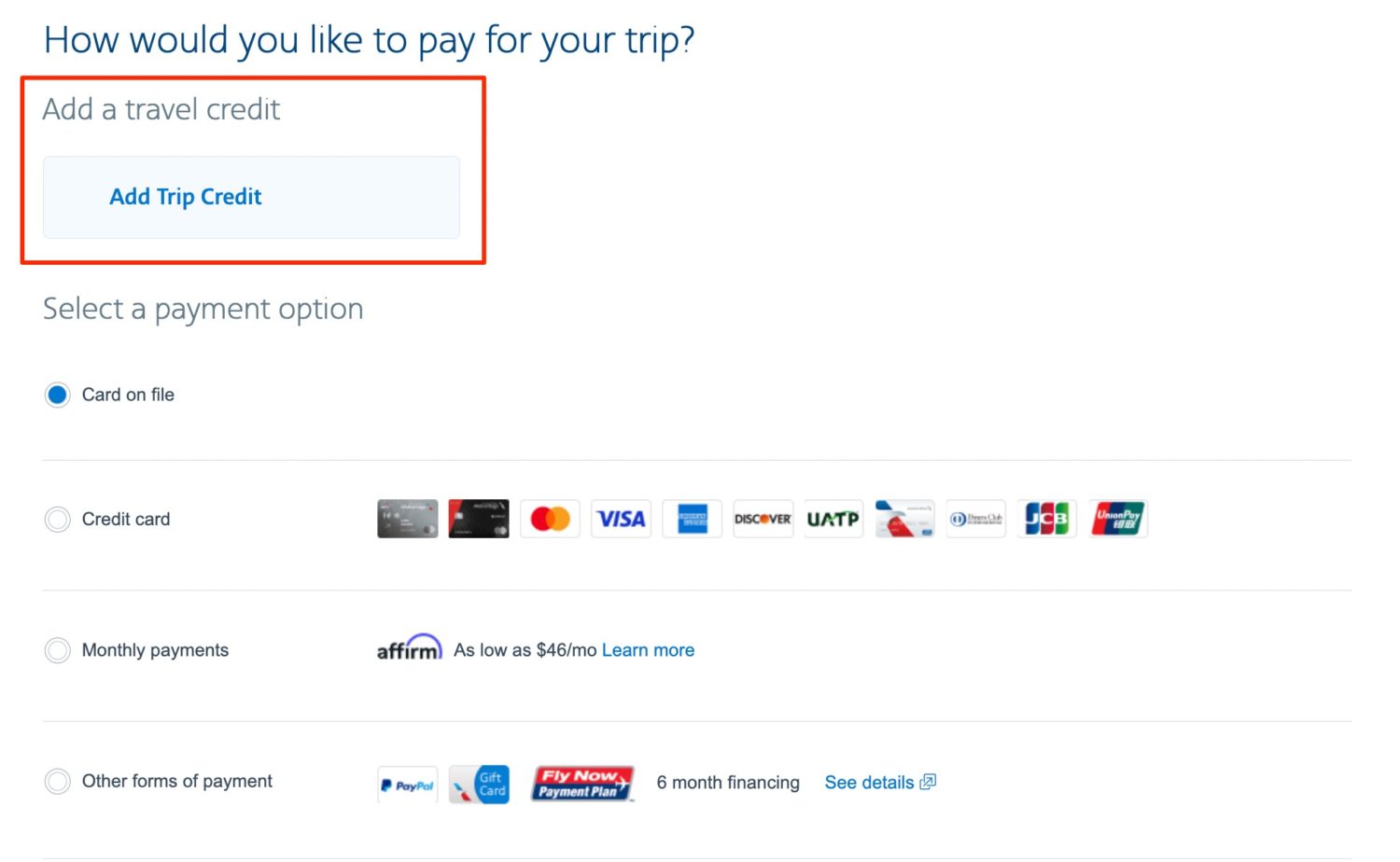 add a travel credit to pay for an American Airlines flight