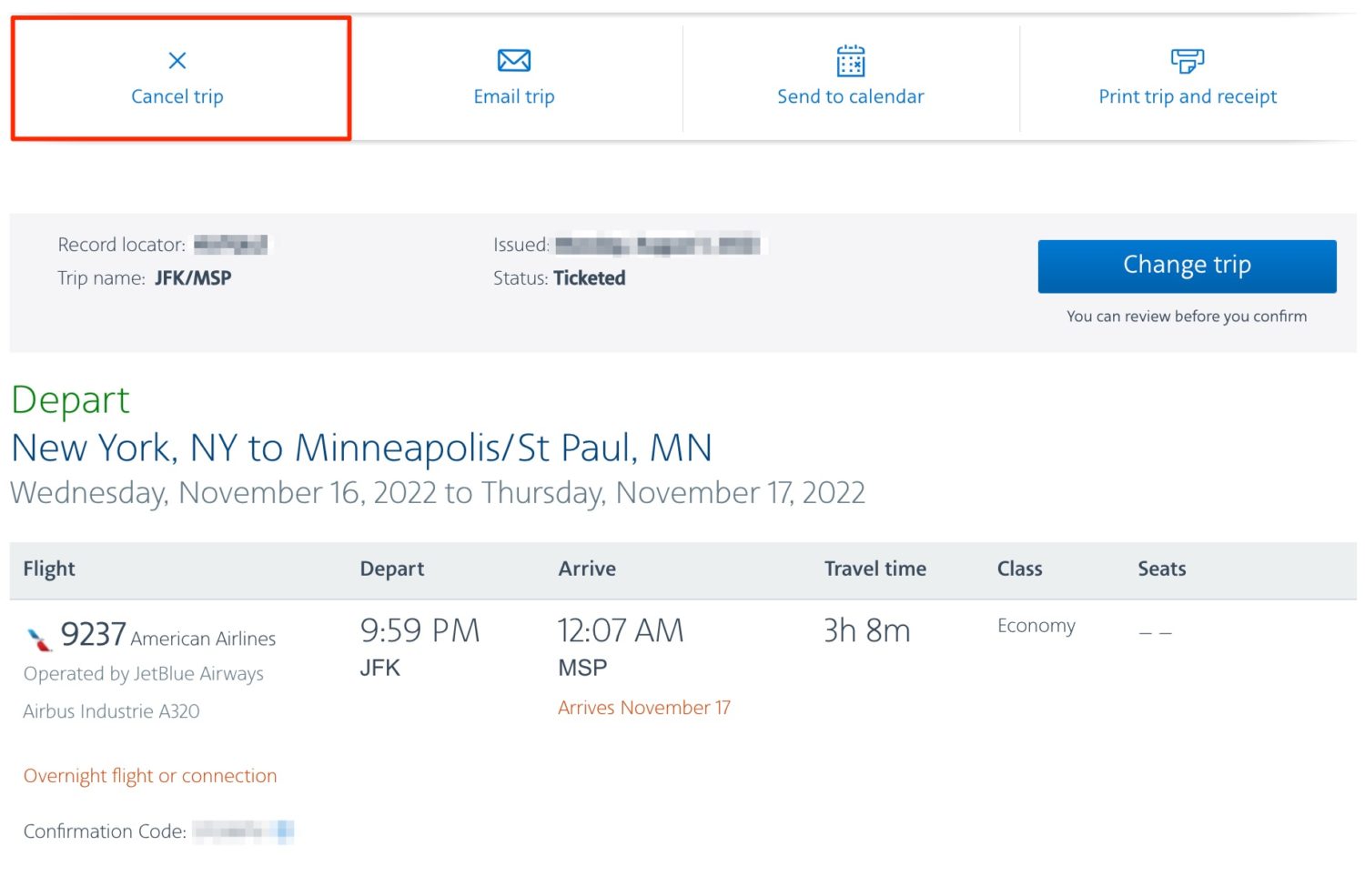 cancel a trip. american airlines flight from new york to minneapolis