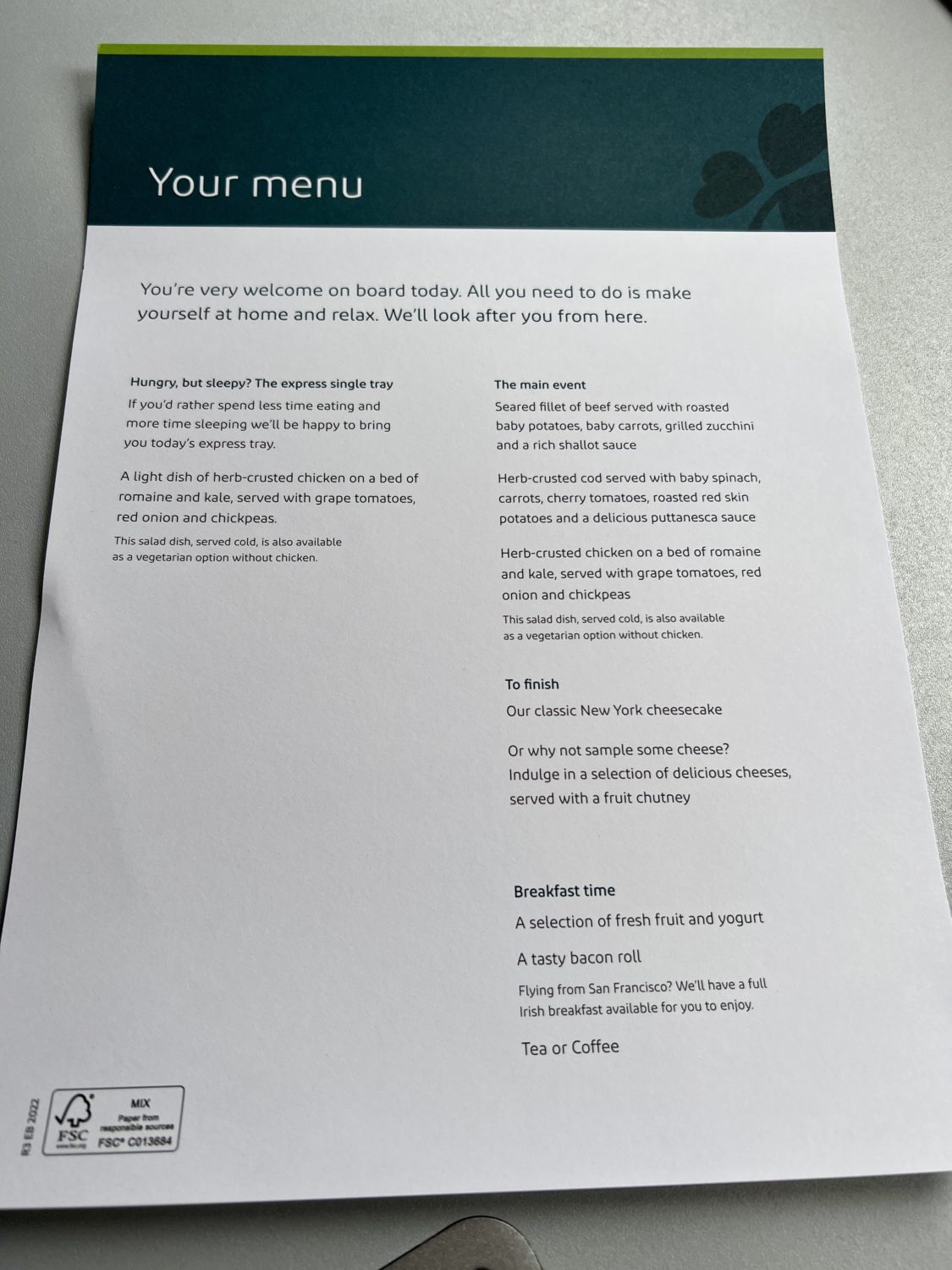 aer lingus business class menu