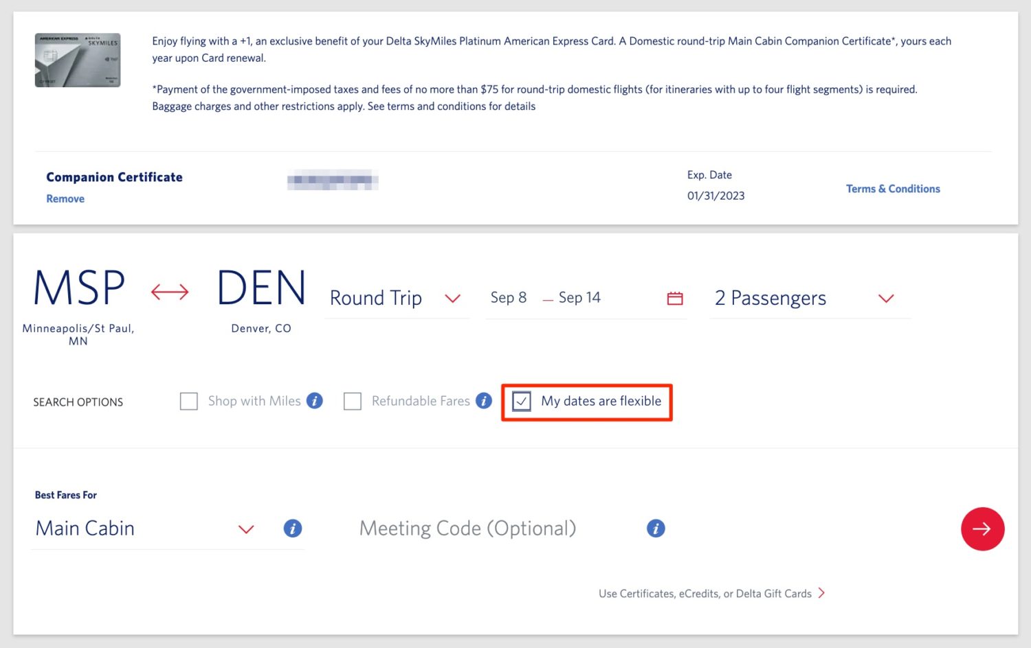 delta companion certificate flexible dates