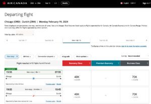 Chicago to Zurich using Aeroplan points