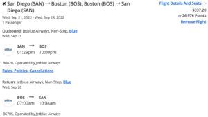 San Diego to Boston JetBlue TrueBlue points