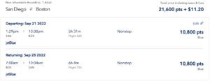 San Diego to Boston JetBlue TrueBlue points