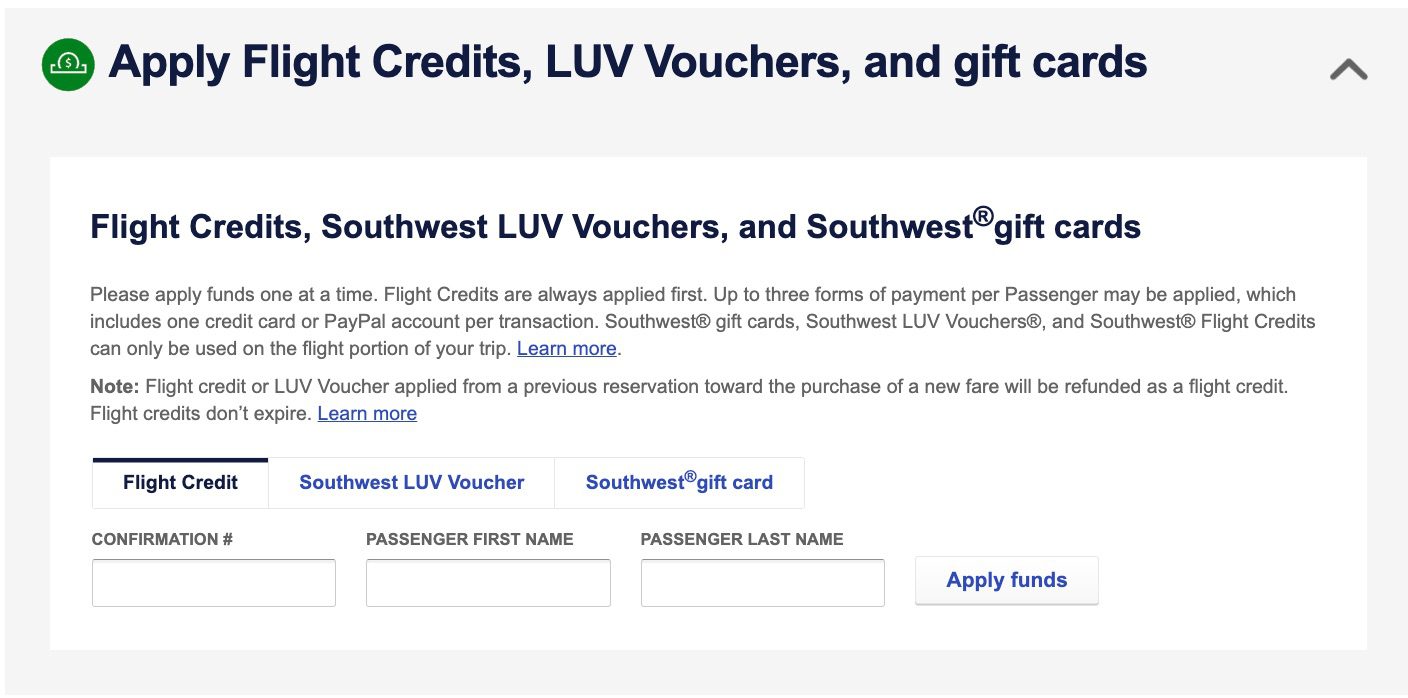 apply flight credits, luv vouchers, and gift cards to pay for a southwest flight