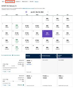 nonstop filter on united's new calendar view