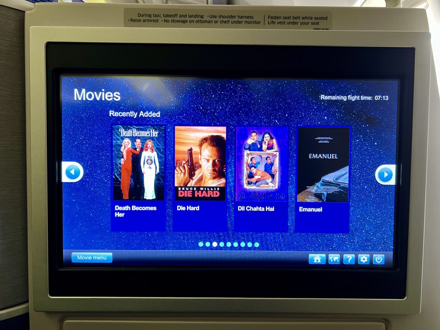 united in-flight entertainment screen with movies