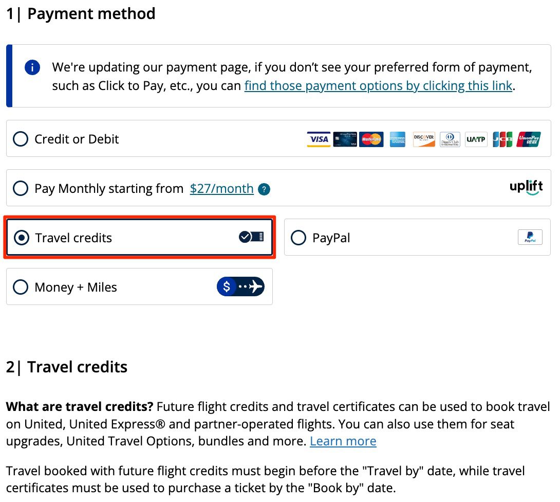using travel credits to pay for a united airlines flight