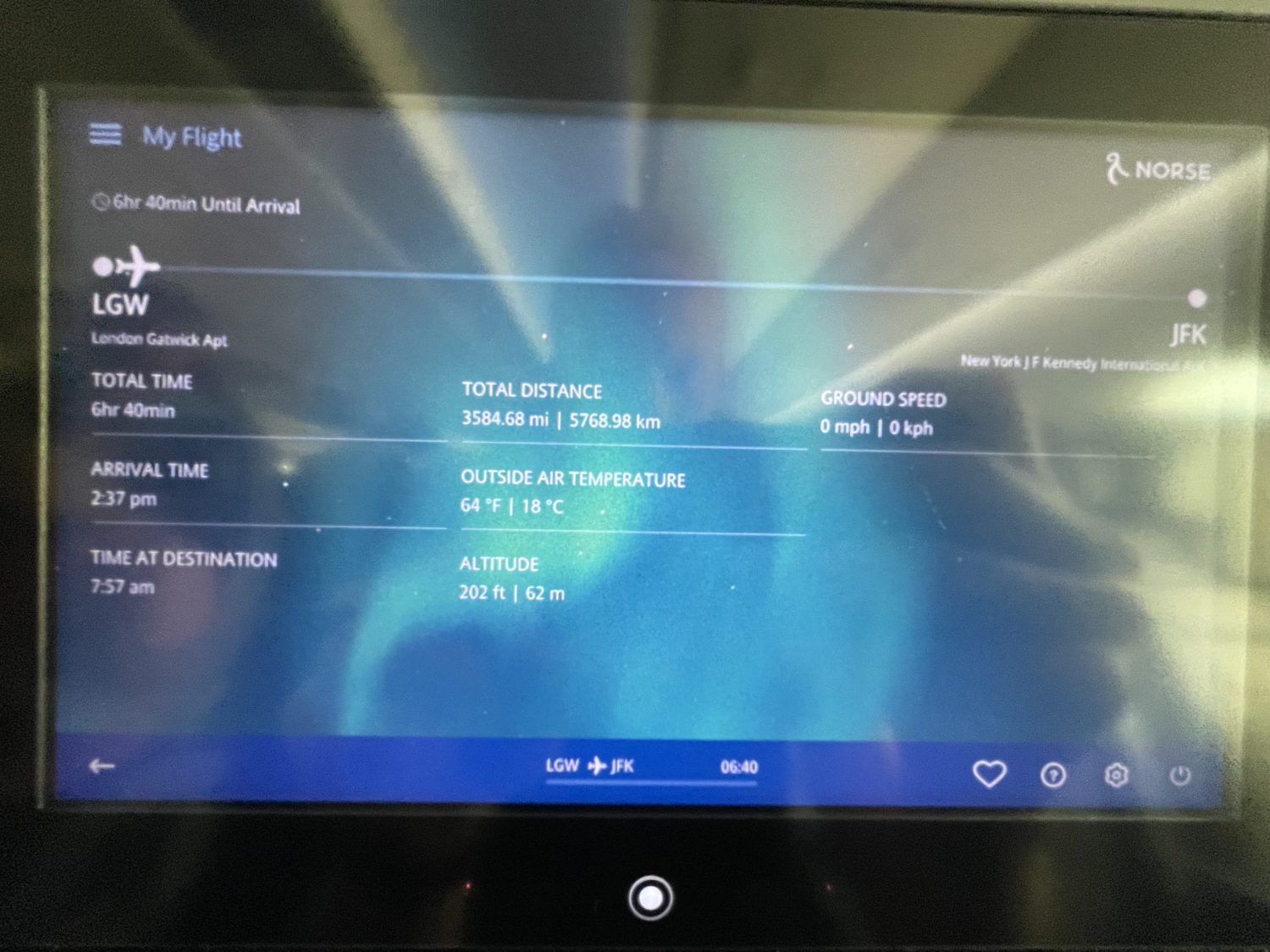 Seatback screen on a Norse Atlantic flight